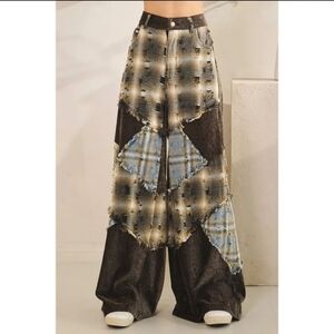 Oli & Hali Washed Plaid Leopard Detailed Pants Wide Leg